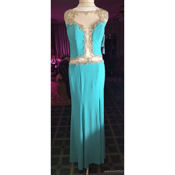 New XTREME by IMPRESSIONS Teal HOCO Prom Dress Sz 10 Beaded Sheer Mermaid Party